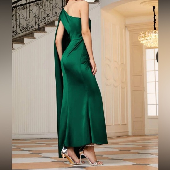 Luxe light gray one shoulder party formal evening wedding prom satin dress - Picture 9 of 16